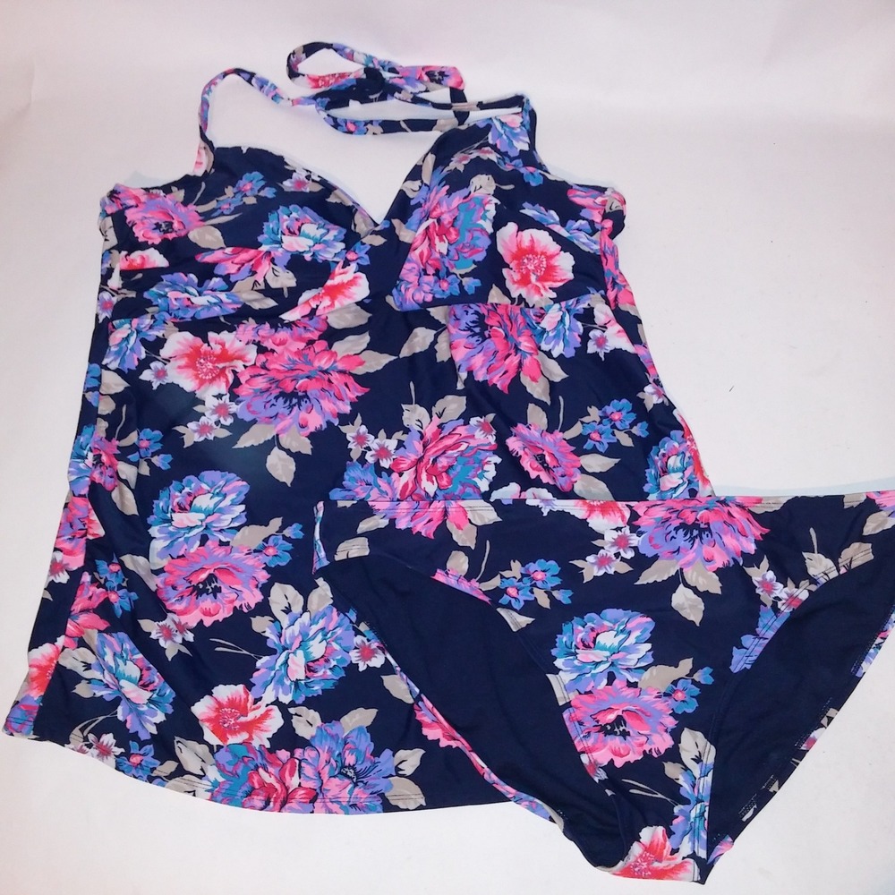 Old Navy Swim Tankini XXL Top XL Bottom Blue Pink Floral Halter Lightly Lined